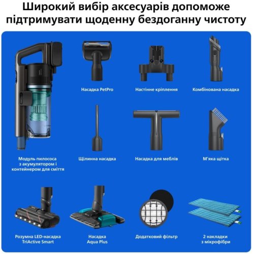 Пилосос бездротовий Philips Complete Series 8000, вологе прибирання, контейнер 0.6л, робота до 30хв, чорно-блакитний (XC8157/01)