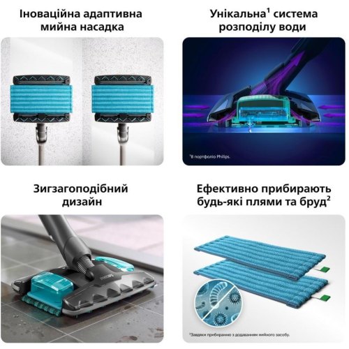 Пилосос бездротовий Philips Complete Series 8000, вологе прибирання, контейнер 0.6л, робота до 30хв, чорно-блакитний (XC8157/01)