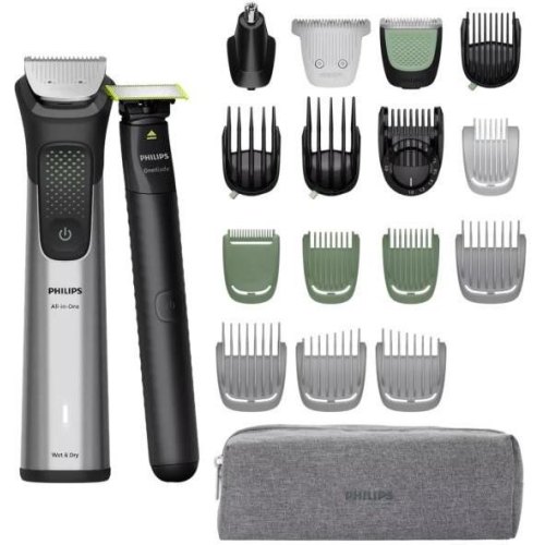 Тример Philips Series 9000, для бороди/голови/тіла, 15 насадок, OneBlade в комплекті, сталь, сірий (MG9558/15)