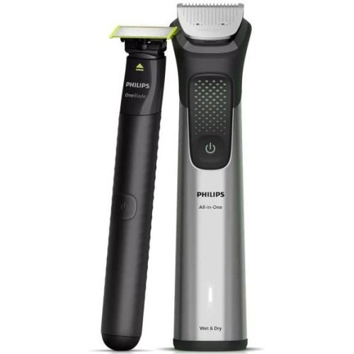 Тример Philips Series 9000, для бороди/голови/тіла, 15 насадок, OneBlade в комплекті, сталь, сірий (MG9558/15)