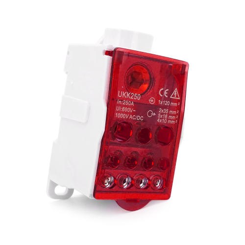 Паралельний розгалужувач-спліттер кабелів CHNT UKK250, 11 виходів (латунь), AC690V, 250А, Red