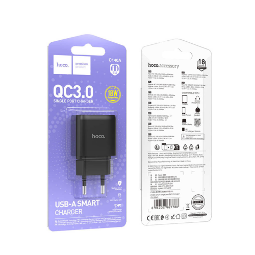 Мережевий зарядний пристрій HOCO C140A, 1xUSB, 18W, Black, Blister