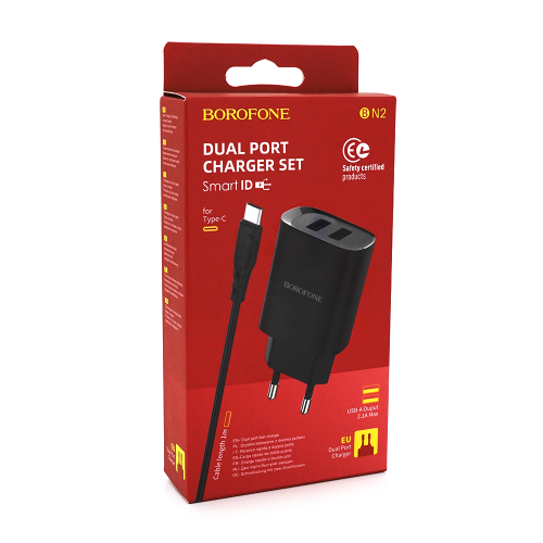 Мережевий зарядний пристрій BOROFONE BN2, 2xUSB, кабель USB Type-C, 2.1A, довжина кабелю 1м, Black, Box