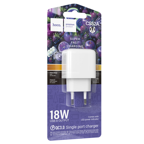 Мережевий зарядний пристрій HOCO CS52A, 1xUSB, 18W, White, Blister