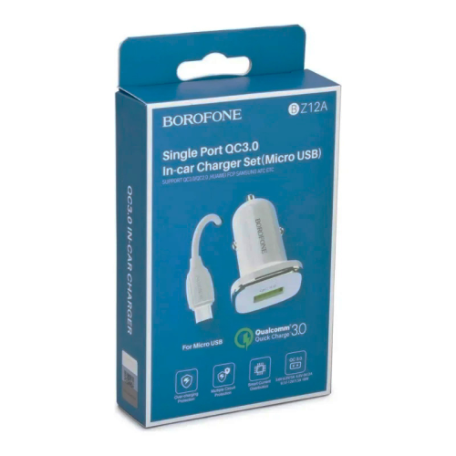 Автомобільний зарядний пристрій BOROFONE BZ12A, 1xUSB, кабель microUSB, 1м, White, Box