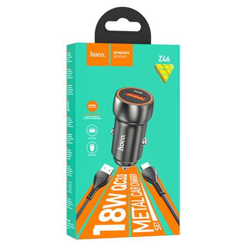 Автомобільний зарядний пристрій HOCO Z46, 1xUSB, кабель USB Type-C, 18W, кабель 1м, Black, Box