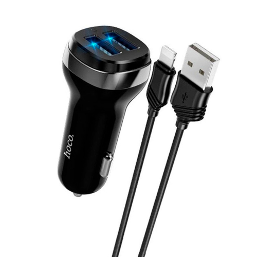 Автомобільний зарядний пристрій HOCO Z40, 2xUSB, кабель Lightning, 2.4A, кабель 1м, Black, Box