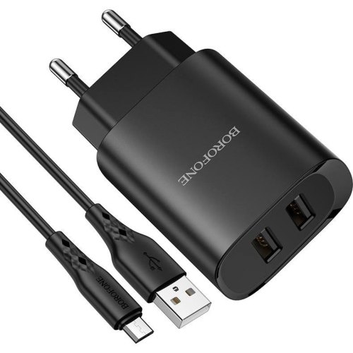 Мережевий зарядний пристрій Borofone BN2 Super Fast 2xUSB-A 2.1A Black Micro-USB cable (BN2MB)