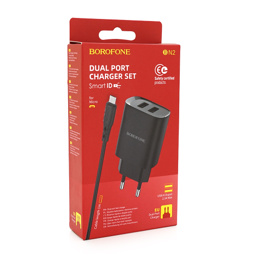 Мережевий зарядний пристрій BOROFONE BN2, 2xUSB, кабель MicroUSB, 2.1A, довжина кабелю 1м, Black, Box