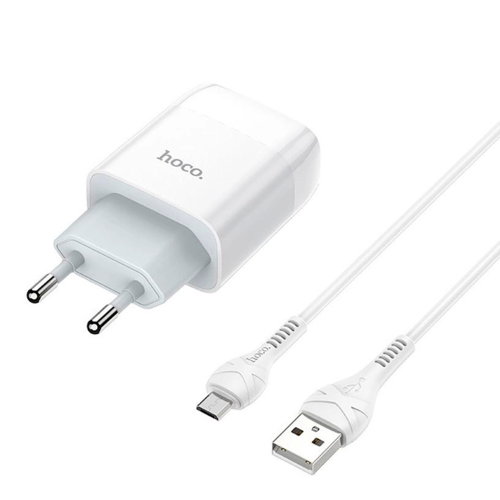 Мережевий зарядний пристрій HOCO C73A, 2xUSB, 2.4A, кабель MicroUSB, довжина кабелю 1м, White, Blister