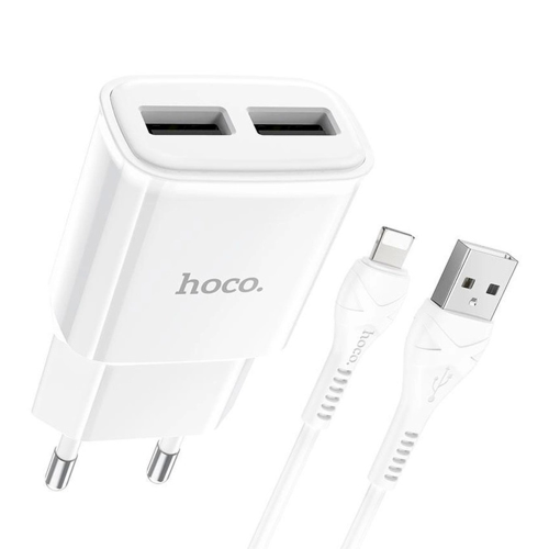 Мережевий зарядний пристрій HOCO C88A, 2xUSB, 2.4A, кабель Lightning, довжина кабелю 1м, White, Box