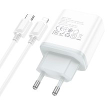Мережевий зарядний пристрій HOCO C104A, 1xUSB Type-C, кабель Lightning, PD 20W, довжина кабелю 1м, White, Box