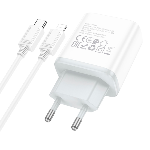 Мережевий зарядний пристрій HOCO C104A, 1xUSB Type-C, кабель Lightning, PD 20W, довжина кабелю 1м, White, Box