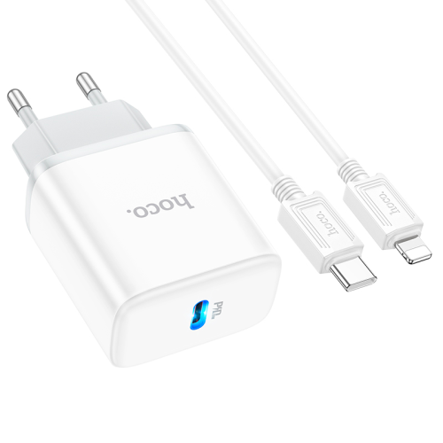 Мережевий зарядний пристрій HOCO C104A, 1xUSB Type-C, кабель Lightning, PD 20W, довжина кабелю 1м, White, Box