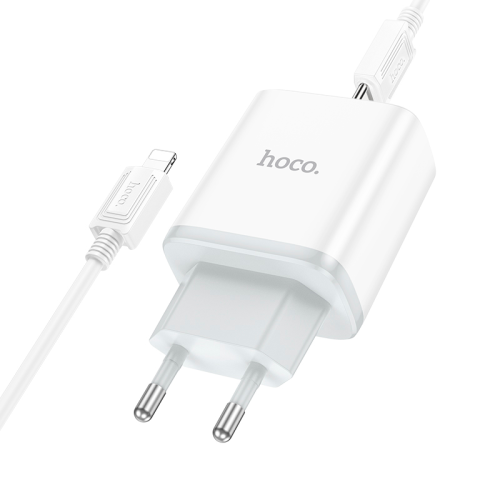 Мережевий зарядний пристрій HOCO C104A, 1xUSB Type-C, кабель Lightning, PD 20W, довжина кабелю 1м, White, Box