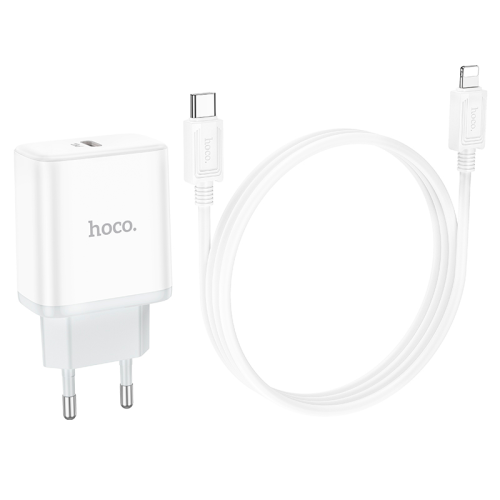 Мережевий зарядний пристрій HOCO C104A, 1xUSB Type-C, кабель Lightning, PD 20W, довжина кабелю 1м, White, Box