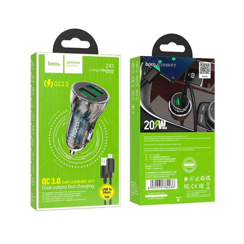 Автомобільний зарядний пристрій HOCO Z47, 2xUSB 3.0, кабель MicroUSB, 2.4A, кабель 1м, Black, Box