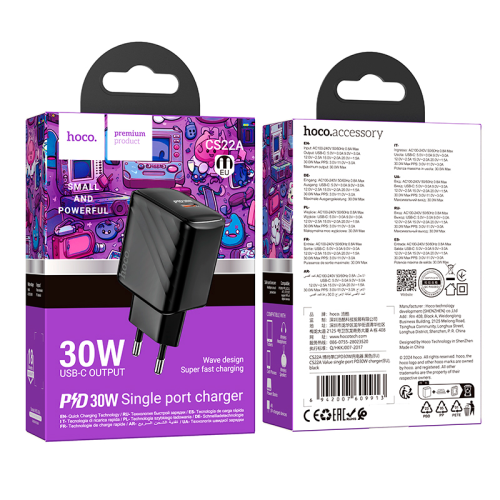 Мережевий зарядний пристрій HOCO CS22A, USB Type-C, 30W, Black, Box