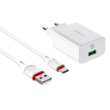 Мережевий зарядний пристрій BOROFONE BA21A, 1xUSB, кабель USB Type-C, 3A, довжина кабелю 1м, White, Blister