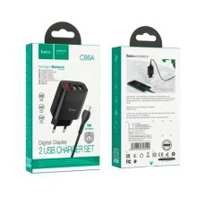 Мережевий зарядний пристрій HOCO C86A, 2xUSB, 2.4A, кабель MicroUSB, довжина кабелю 1м, Black, Box