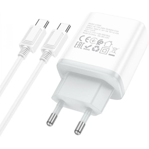 Мережевий зарядний пристрій Hoco C104A Stage + USB Type-C White