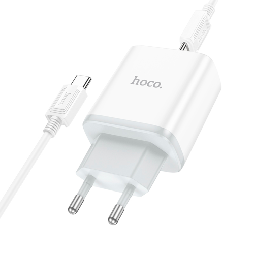 Мережевий зарядний пристрій HOCO C104A, 1xUSB Type-C, кабель USB Type-C, PD 20W, довжина кабелю 1м, White, Box