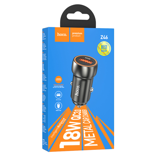 Автомобільний зарядний пристрій HOCO Z46, 1xUSB, кабель USB Type-C, 18W, кабель 1м, Black, Box