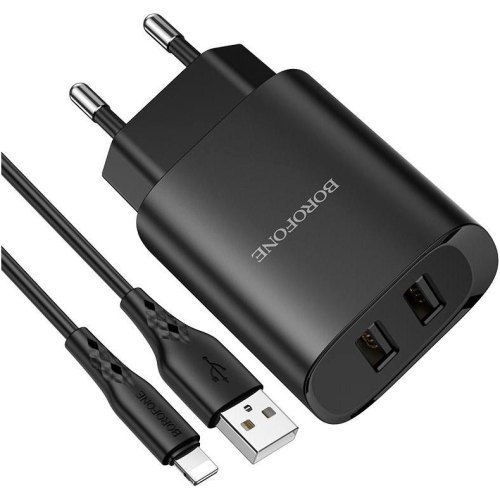 Мережевий зарядний пристрій Borofone BN2 Super Fast 2xUSB-A 2.1A Black Lightning cable (BN2LB)
