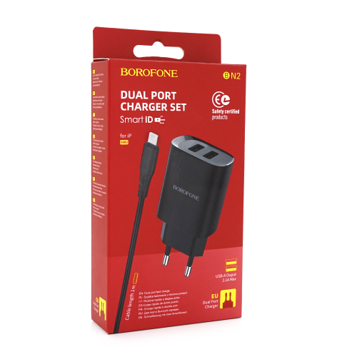 Мережевий зарядний пристрій BOROFONE BN2, 2xUSB, кабель Lightning, 2.1A, довжина кабелю 1м, Black, Box
