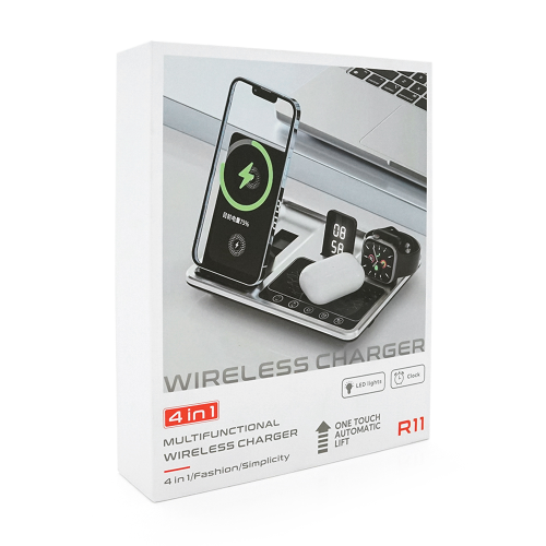 Бездротова зарядка+годинник R-11 4в1, під телефон+годинник+навушники, Black / Silver, Box