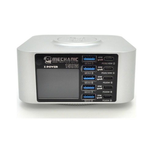 Зарядні станція з цифровою індикацією MECHANIC X-Power, 5*PD3.1-45W, 5*QC3.0-30W,5В3А,9В2.2A,12В1.67А, Wireless Charging, 220V / 150W. 114*84*60mm