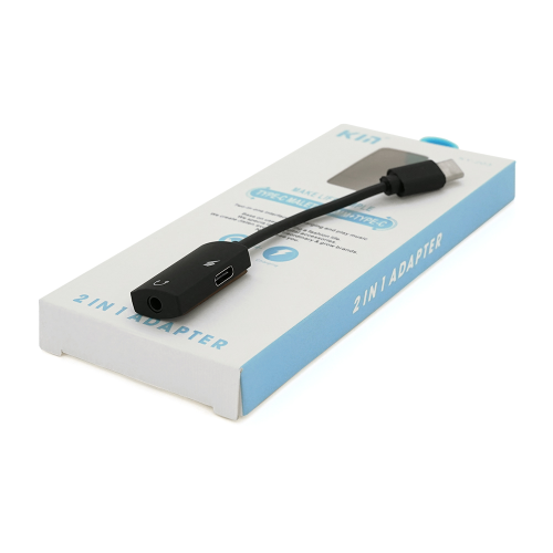 Перехідник KIN KY-203, USB Type-C(M) to USB Type-C(F)/Jack 3.5mm(F), 5см, Black, Box