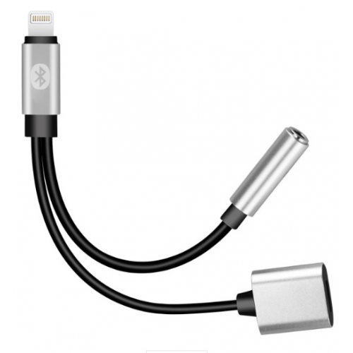 Перехідник 2 в 1 Y026 Lighting(M) =&gt;Lighting(F) + Jack 3.5mm(F), 5см, Black / Silver, Box