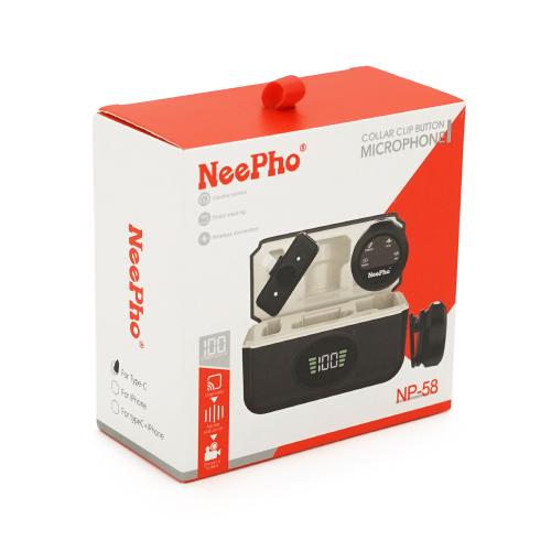 Петличний бездротовий мікрофон NeePho NP-58 (2шт) в кейсі, роз'єм Lighting, вбудований акумулятор 300 mAh, Black, Box