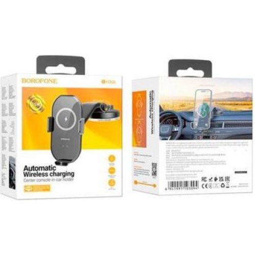 Автотримач BOROFONE BH206+ Wireless Charging 15W, кріплення на торпеду, клямка 50-90мм, Black, Box