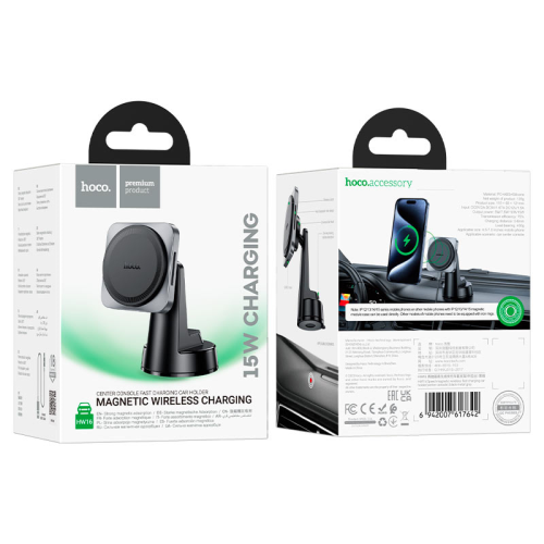 Автомобільний тримач для смартфона HOCO HW16, бездротова зарядка 15W, кріплення на торпеду, магніт, Black, Box