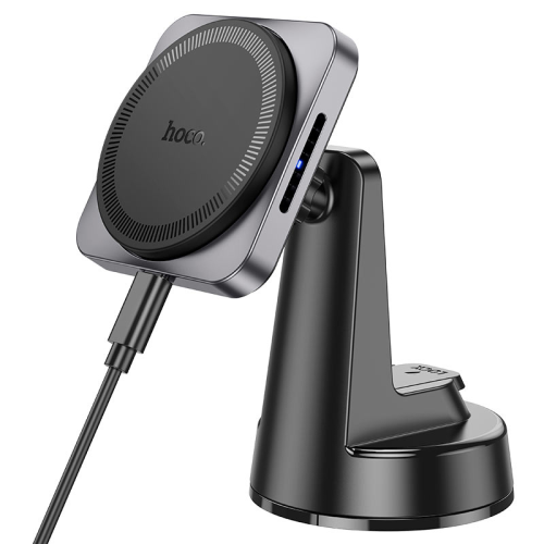 Автомобільний тримач для смартфона HOCO HW16, бездротова зарядка 15W, кріплення на торпеду, магніт, Black, Box