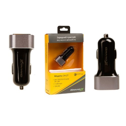 Автомобільний зарядний пристрій Grand-X CH-27 (USB QС3.0 3.6V-6.5V 3A, 6.5V-9V 2A, 9V-12V 1.5A), color Black (CH-27)