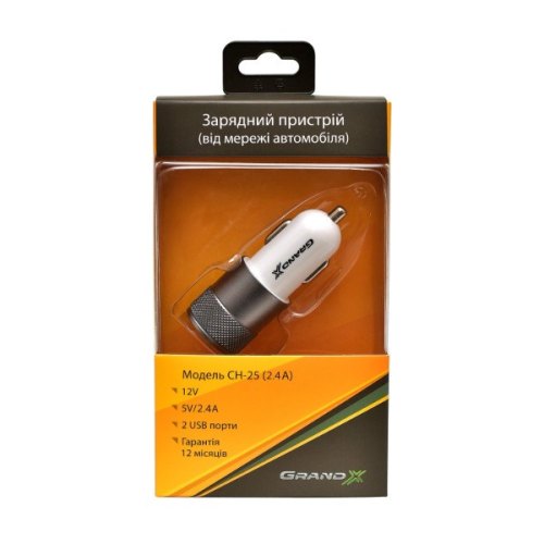 АЗП Grand-X CH-25 (2USB 5V 2.4A, 12-24V + кабель microUSB 1,0 м), White (CH-25WM)