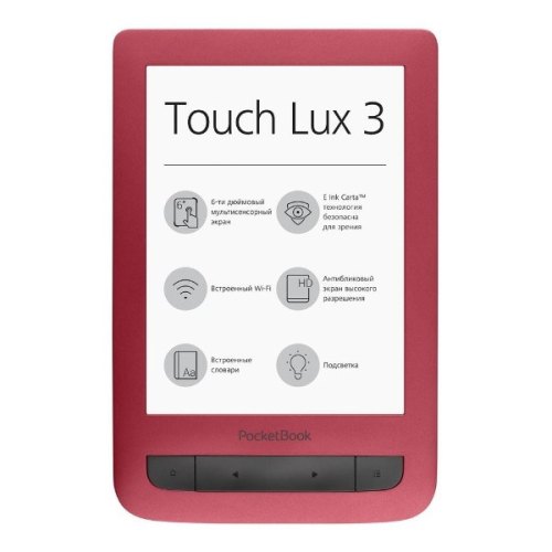 Електронна книга PocketBook 626 Touch Lux 3, Ruby Red (PB626(2)-R-CIS) 6 HD, E Ink Carta, 256 МB, 4 Gb, MicroSD, Браузер, Просмотр фотографий, MicroU